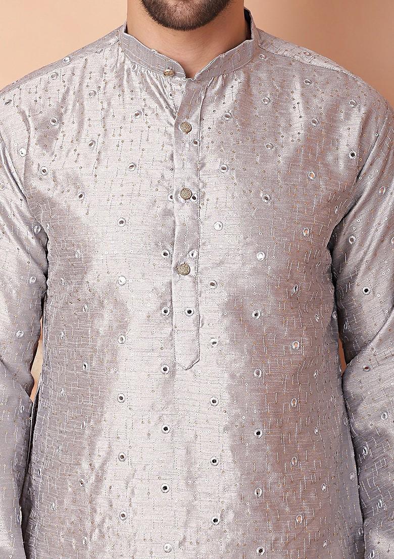 Grey Embroidered Poly Blend Kurta For Men