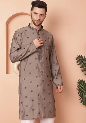 Beige Embroidered Poly Blend Kurta For Men