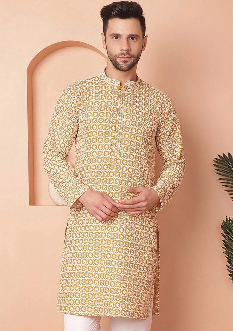 Mustard Yellow Embroidered Poly Blend Kurta For Men