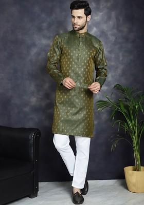 Olive Woven Design Poly Blend Kurta For Men