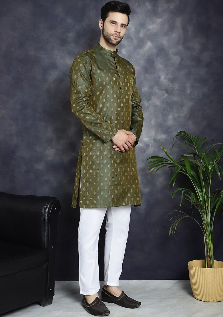 Olive Woven Design Poly Blend Kurta For Men