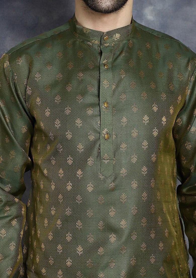 Olive Woven Design Poly Blend Kurta For Men