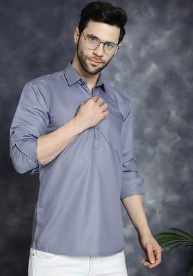 Grey Embroidered Poly Blend Kurta For Men