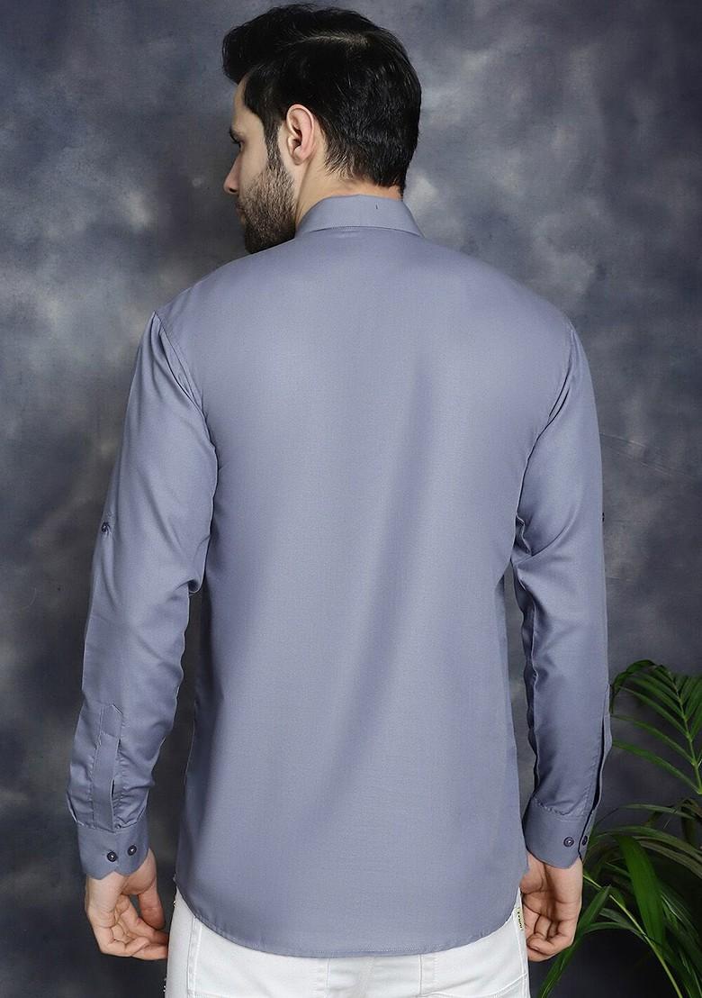 Grey Embroidered Poly Blend Kurta For Men