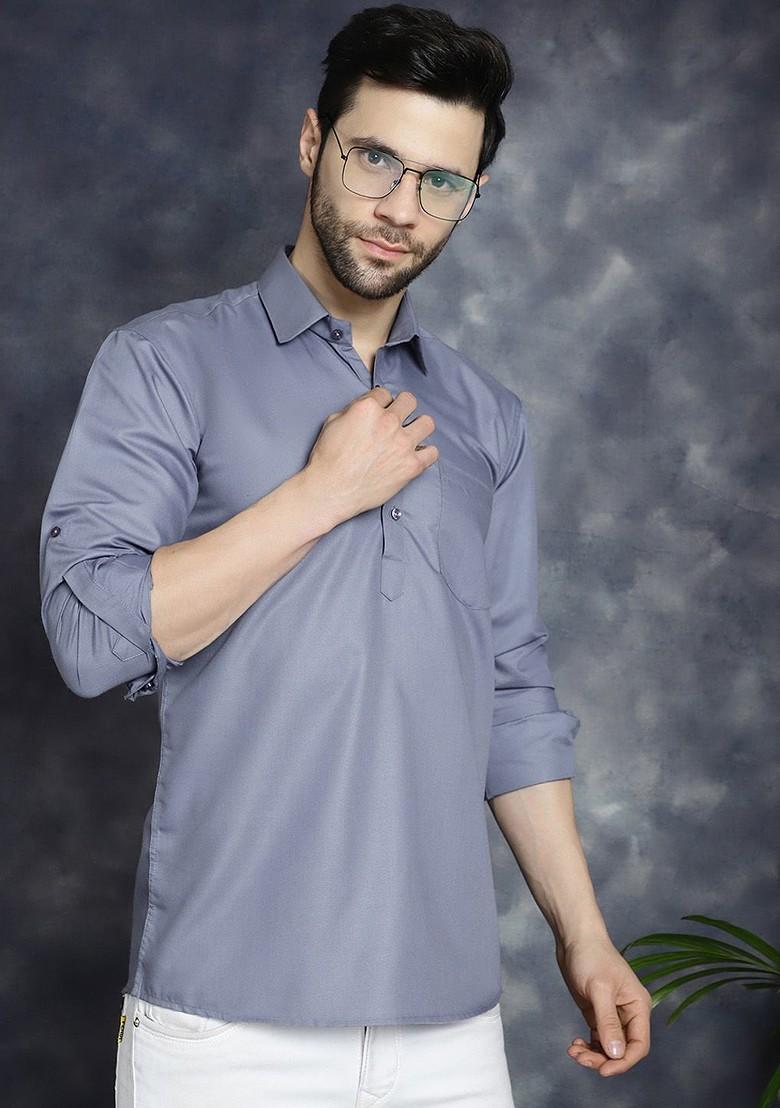 Grey Embroidered Poly Blend Kurta For Men