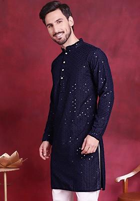 Navy Blue Embroidered Poly Blend Kurta For Men