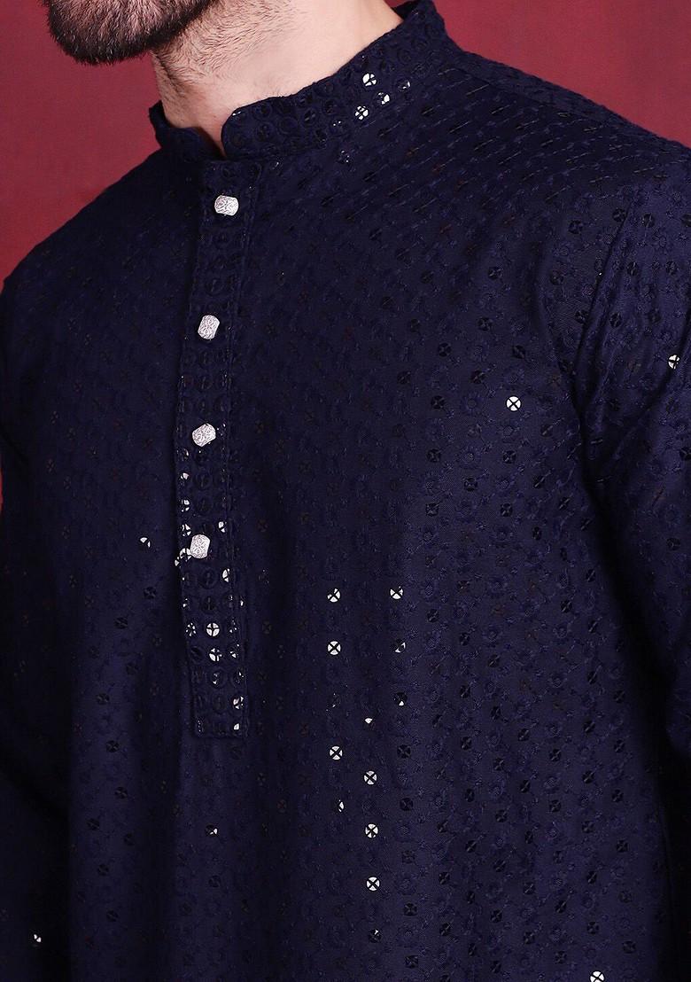 Navy Blue Embroidered Poly Blend Kurta For Men