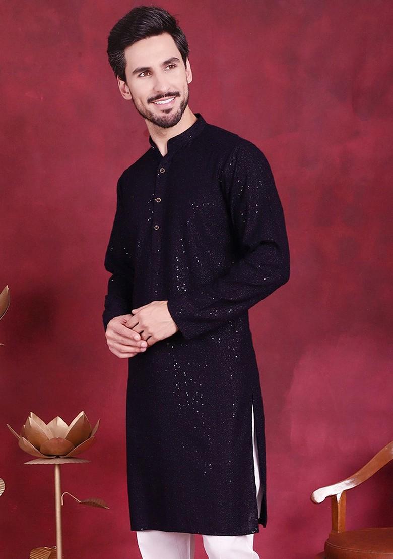 Navy Blue Embroidered Poly Blend Kurta For Men