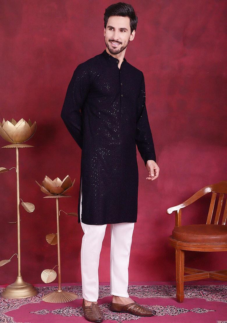 Navy Blue Embroidered Poly Blend Kurta For Men