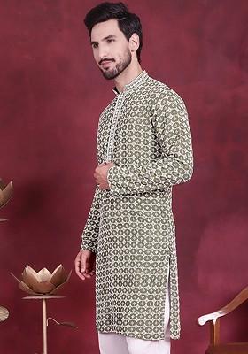 Green Embroidered Poly Blend Kurta For Men