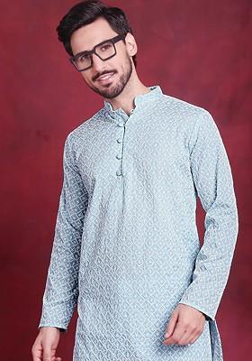 Turquoise Blue Embroidered Poly Blend Kurta For Men