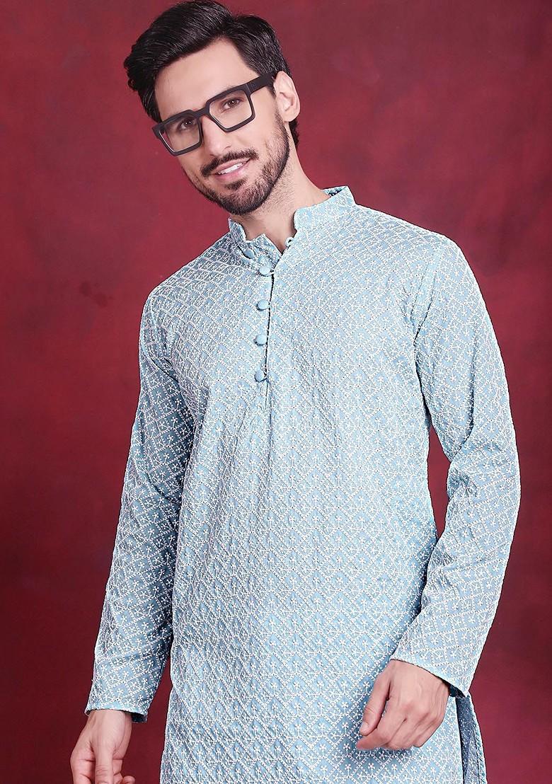Turquoise Blue Embroidered Poly Blend Kurta For Men