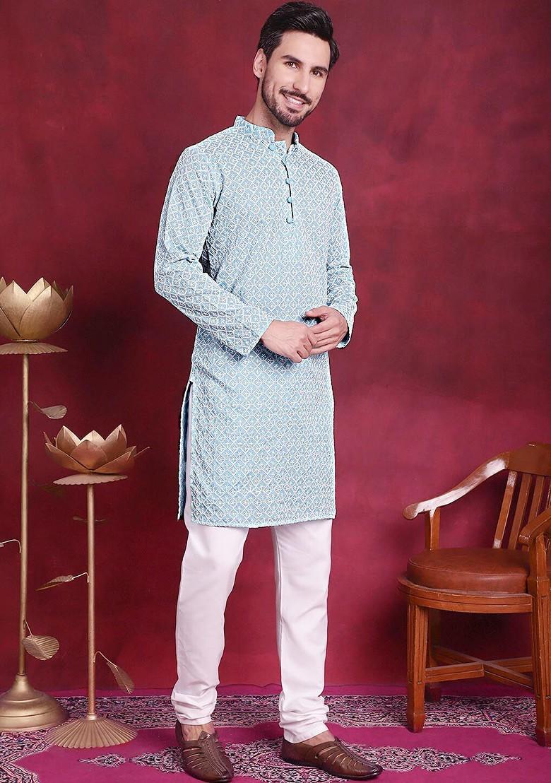 Turquoise Blue Embroidered Poly Blend Kurta For Men