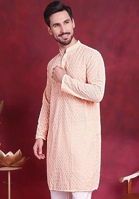Orange Embroidered Poly Blend Kurta For Men