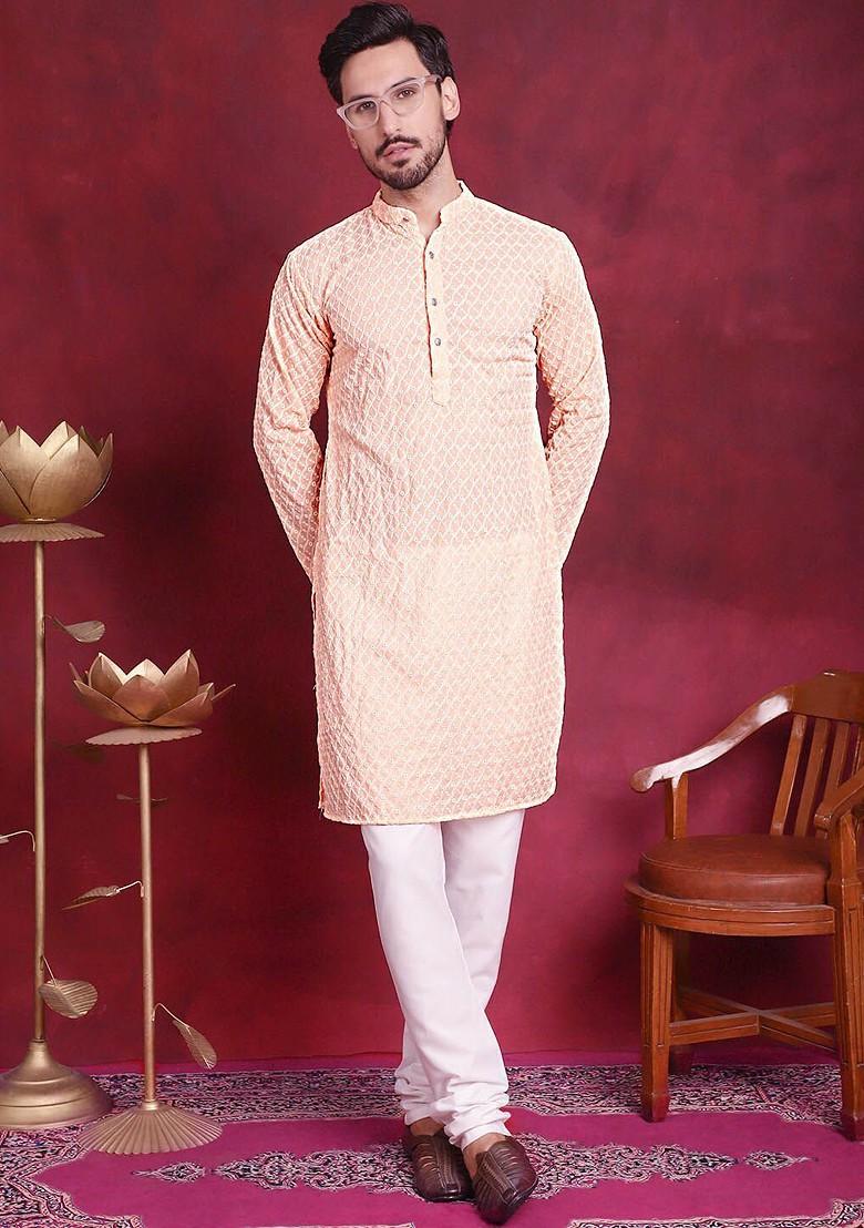 Orange Embroidered Poly Blend Kurta For Men