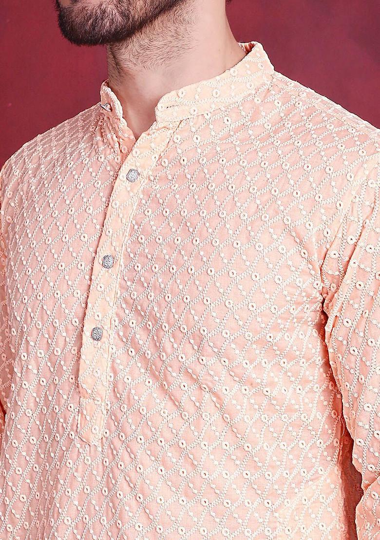 Orange Embroidered Poly Blend Kurta For Men
