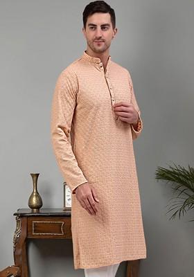 Peach Embroidered Poly Blend Kurta For Men
