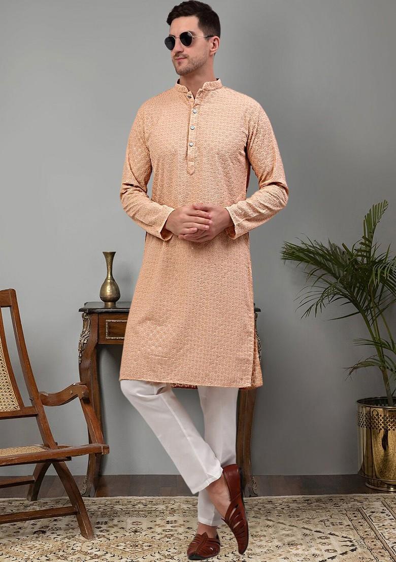 Peach Embroidered Poly Blend Kurta For Men