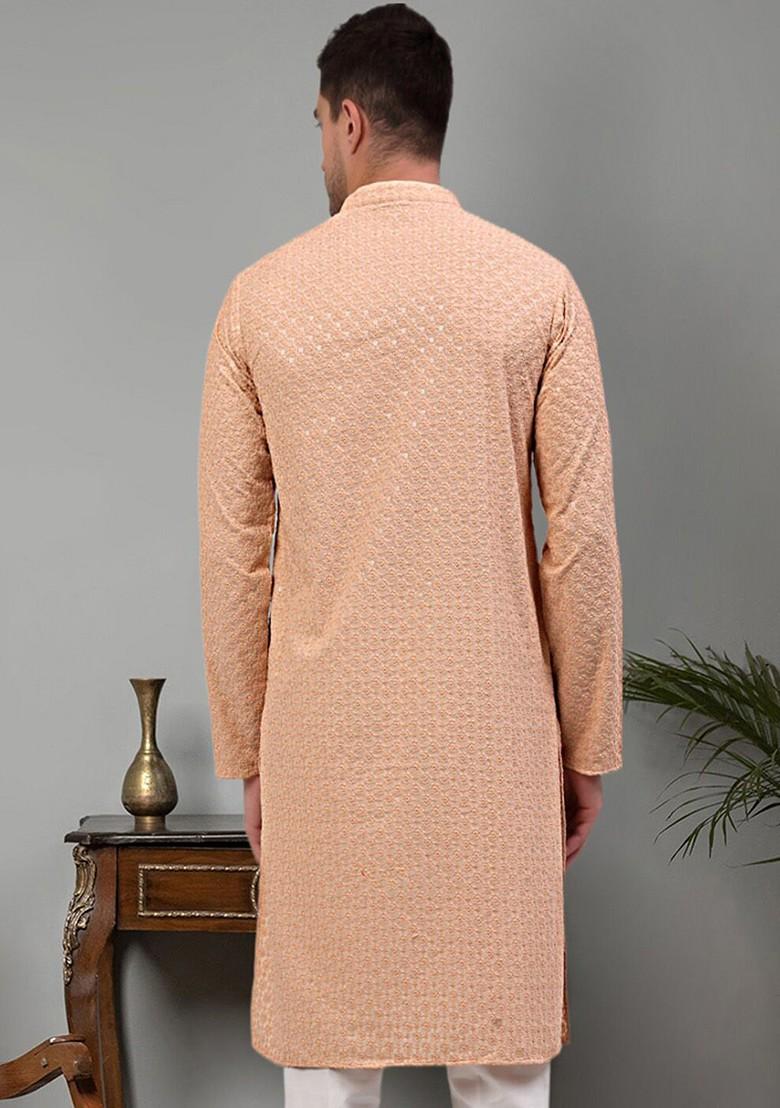 Peach Embroidered Poly Blend Kurta For Men