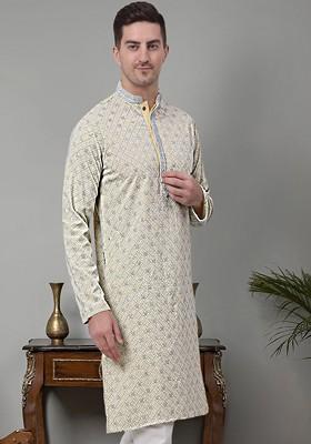 Yellow Embroidered Poly Blend Kurta For Men