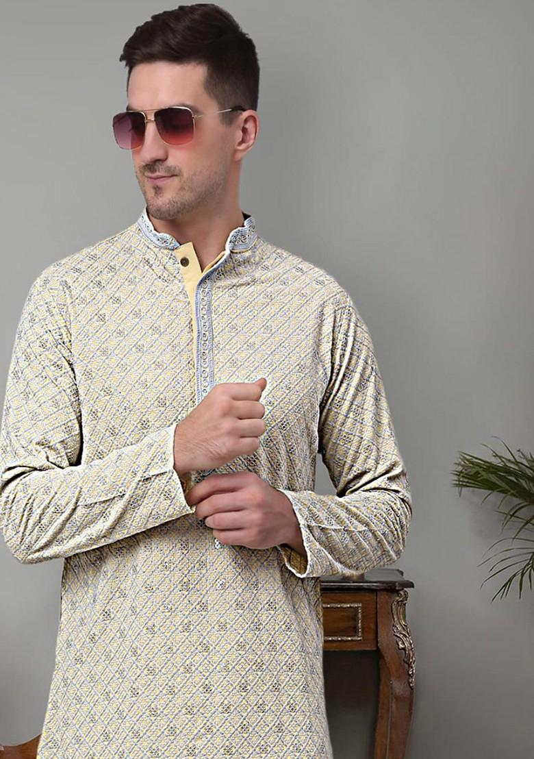 Yellow Embroidered Poly Blend Kurta For Men