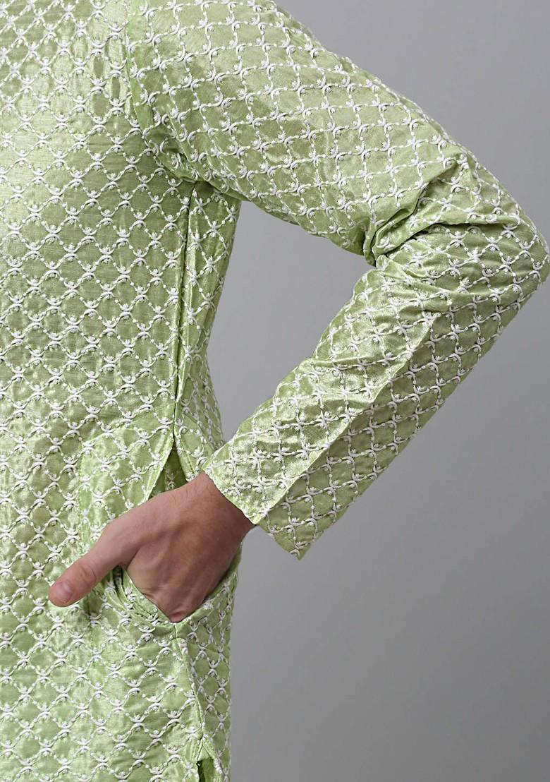 Green Woven Design Poly Blend Kurta For Men
