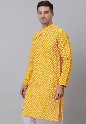 Mustard Yellow Embroidered Poly Blend Kurta For Men