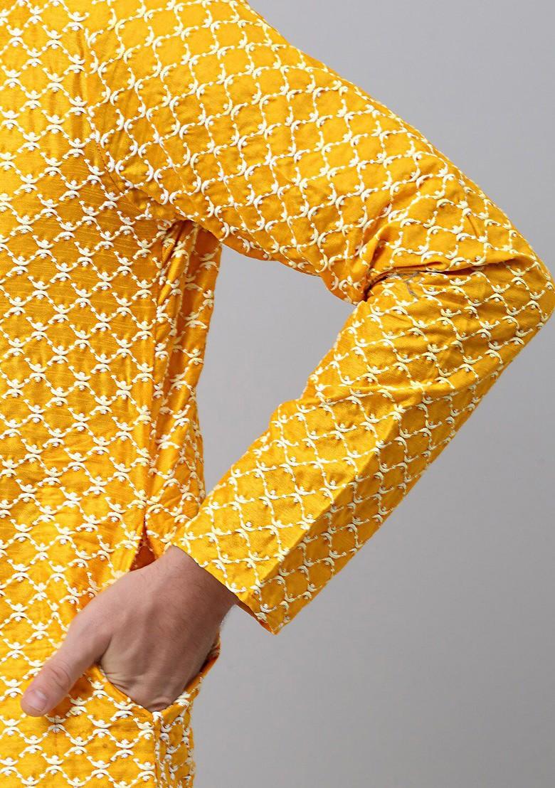 Mustard Yellow Embroidered Poly Blend Kurta For Men
