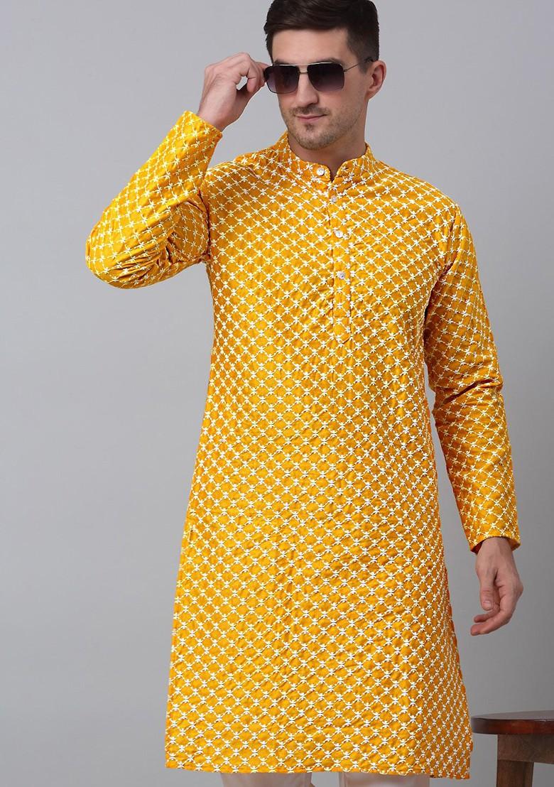 Mustard Yellow Embroidered Poly Blend Kurta For Men