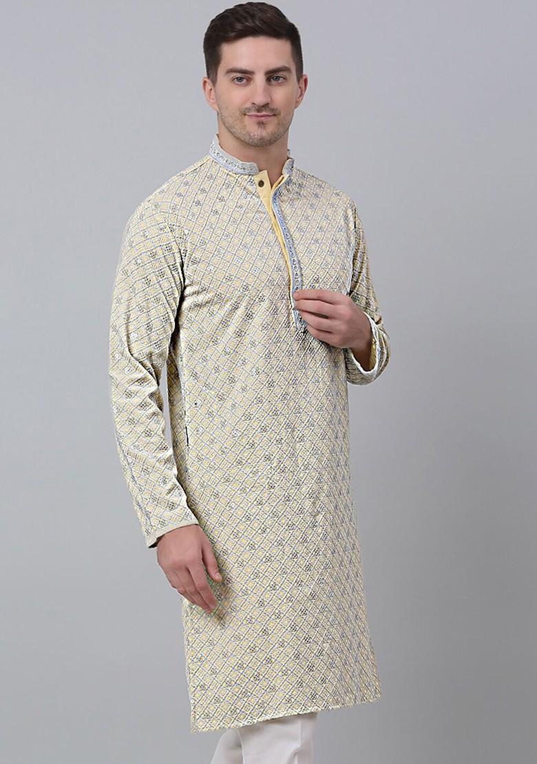 Yellow Embroidered Poly Blend Kurta For Men