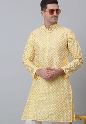 Yellow Embroidered Poly Blend Kurta For Men
