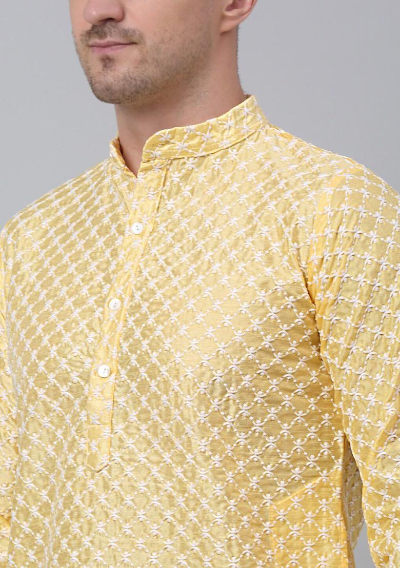 Yellow Embroidered Poly Blend Kurta For Men