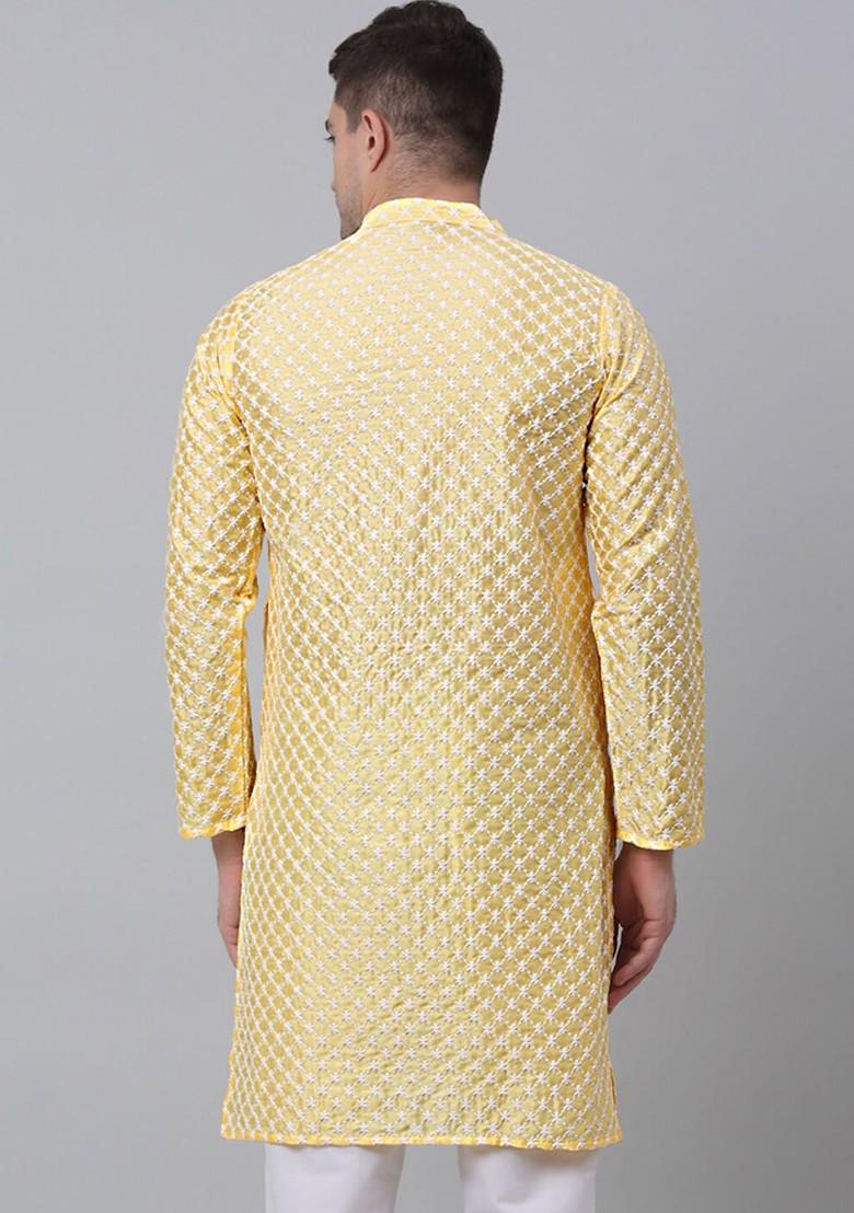 Yellow Embroidered Poly Blend Kurta For Men