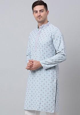 Blue Woven Design Poly Blend Kurta For Men
