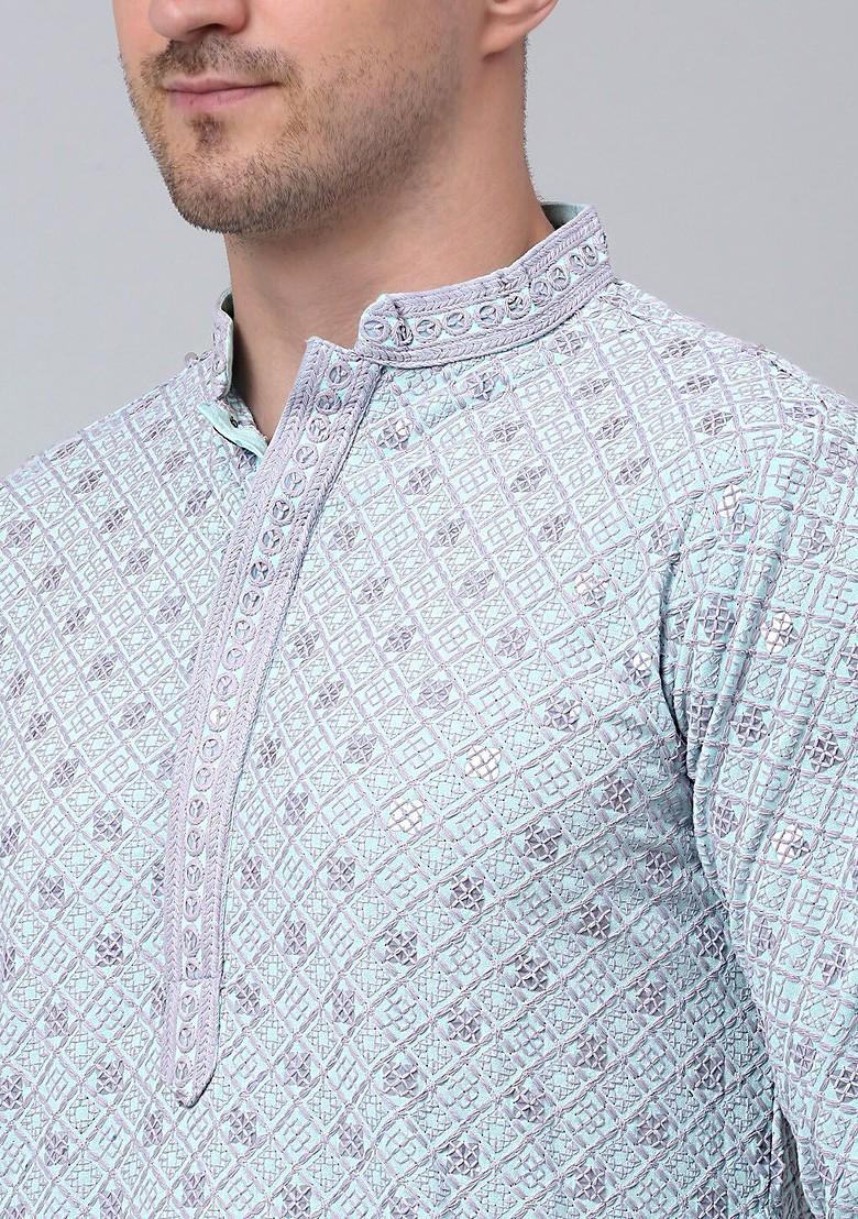 Blue Woven Design Poly Blend Kurta For Men