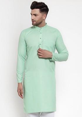 Green Embroidered Poly Blend Kurta For Men