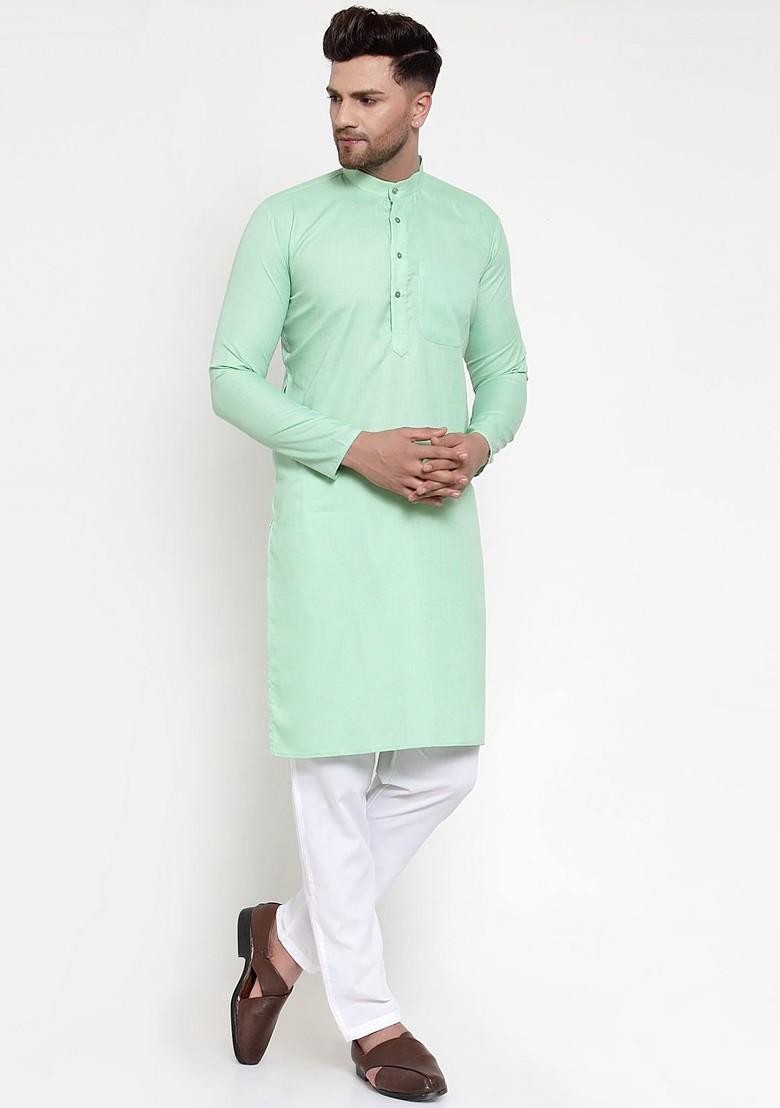 Green Embroidered Poly Blend Kurta For Men