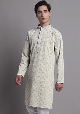 Yellow Embroidered Poly Blend Kurta For Men