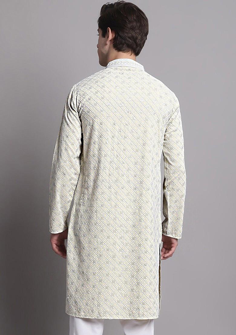 Yellow Embroidered Poly Blend Kurta For Men