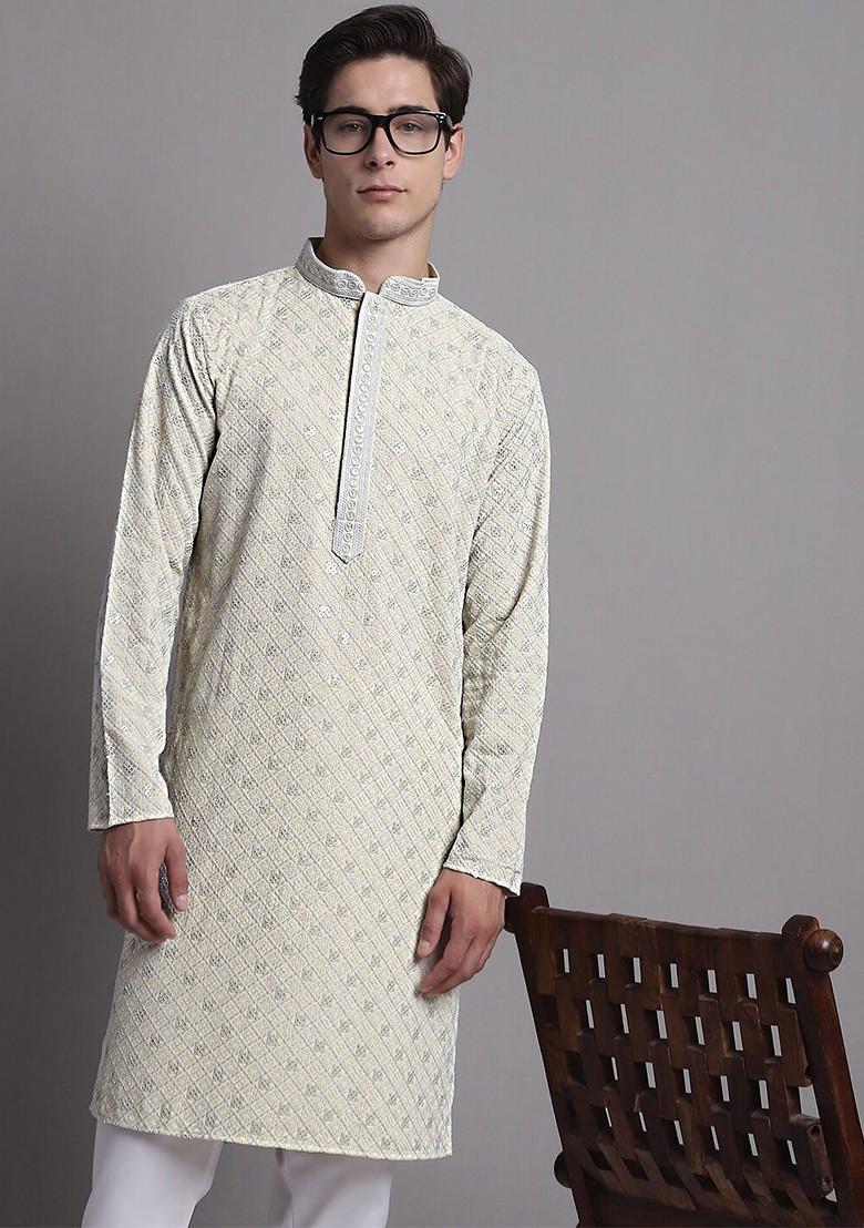 Yellow Embroidered Poly Blend Kurta For Men