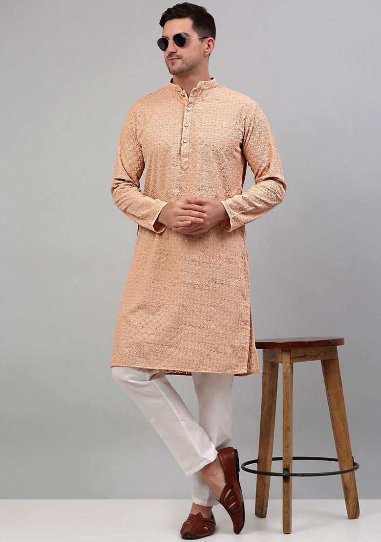 Peach Embroidered Poly Blend Kurta For Men