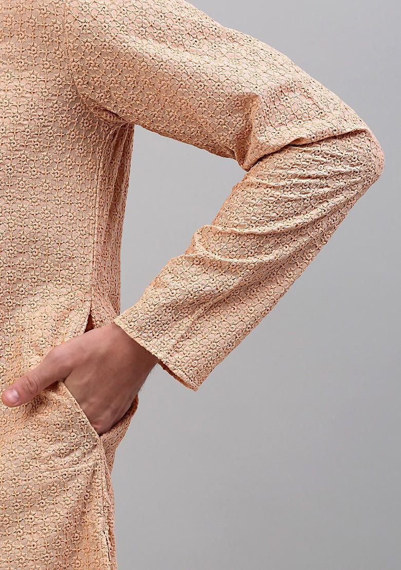 Peach Embroidered Poly Blend Kurta For Men