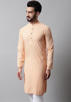 Peach Embroidered Poly Blend Kurta For Men