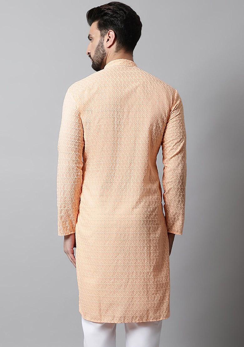 Peach Embroidered Poly Blend Kurta For Men