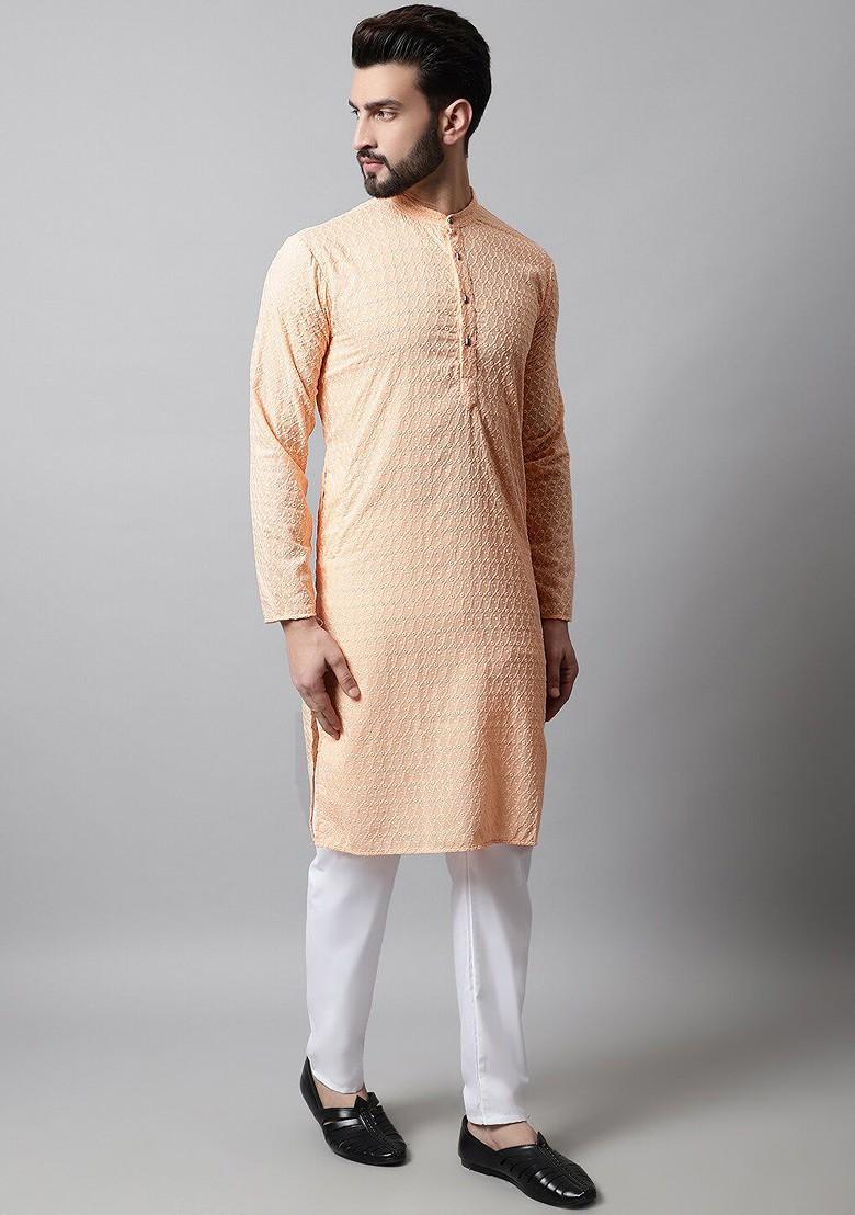 Peach Embroidered Poly Blend Kurta For Men