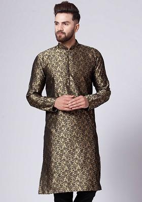Gold Woven Design Poly Blend Kurta For Men