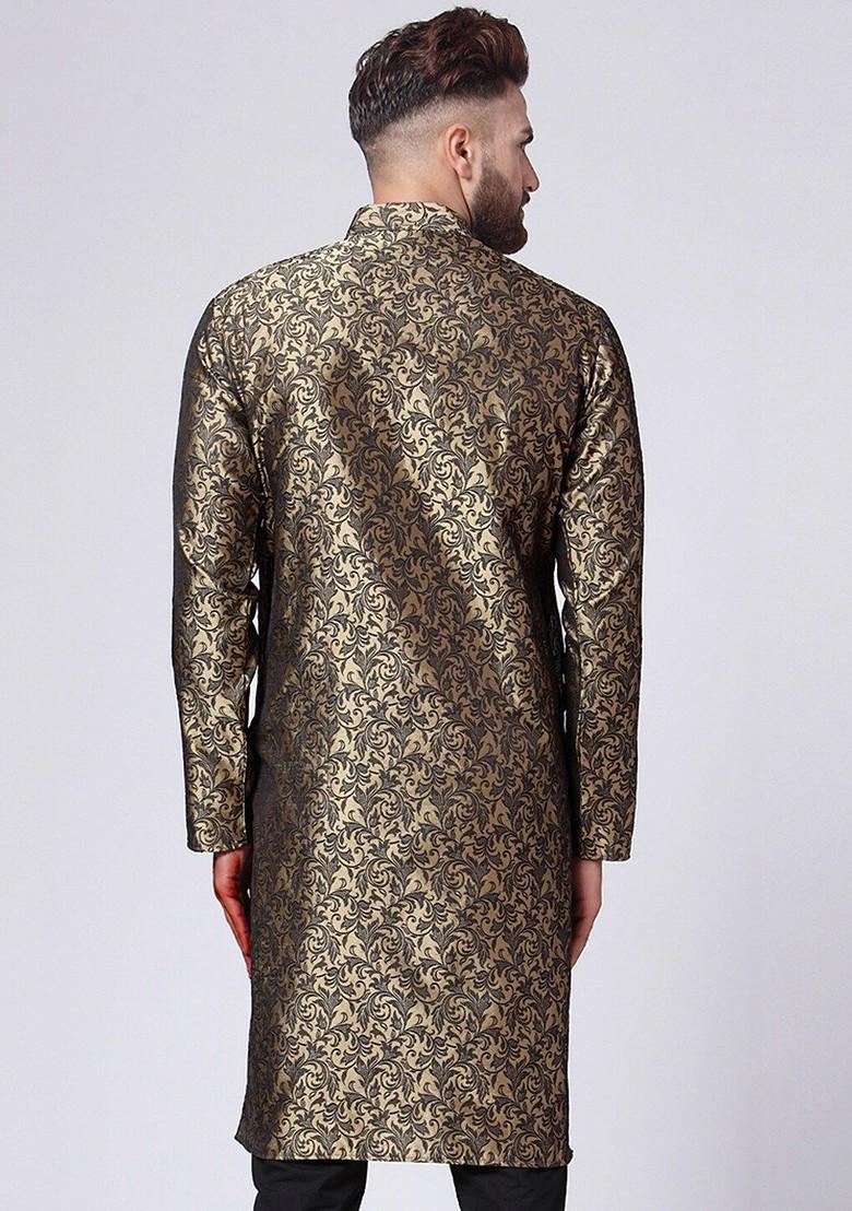 Gold Woven Design Poly Blend Kurta For Men