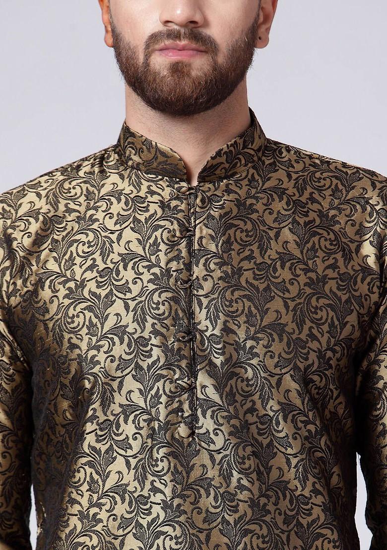 Gold Woven Design Poly Blend Kurta For Men