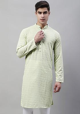 Green Embroidered Poly Blend Kurta For Men