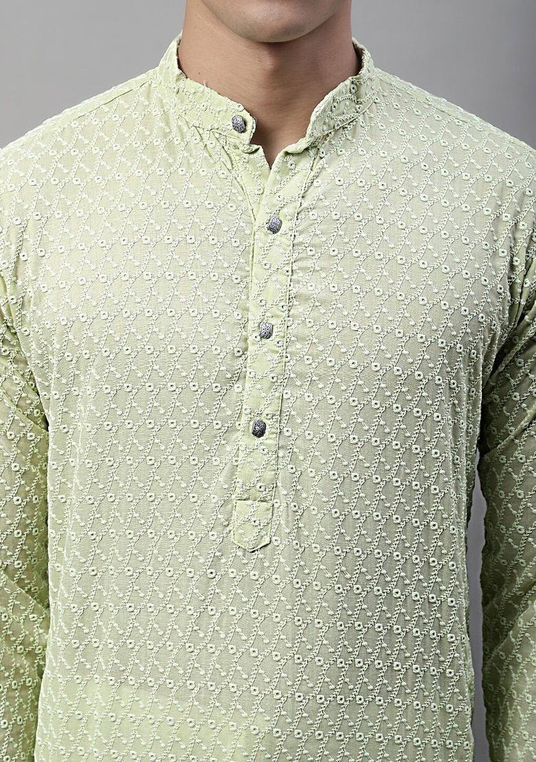 Green Embroidered Poly Blend Kurta For Men